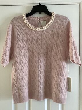 Joie 100% Cashmere Soft Pink Cable Knit Short-Sleeve Sweater Top with Pearls